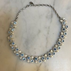 Vintage White Enamel Floral Necklace with light blue stones